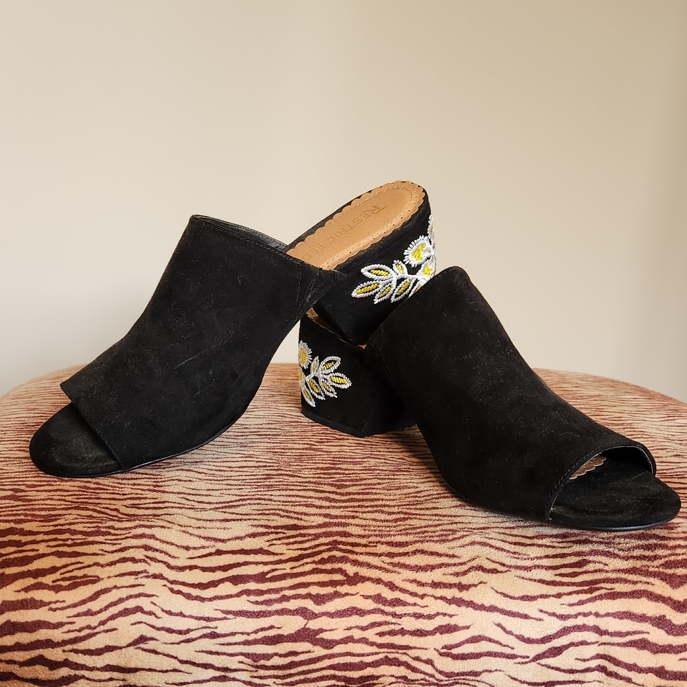 Faux suede embroidered mules